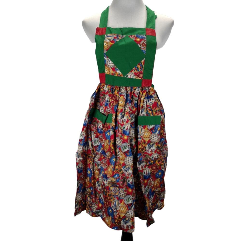 Vintage Handmade Christmas Bib Apron w/ Pockets Ornaments Print One Size